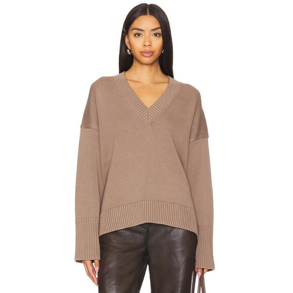 White + Warren Organic Cotton Rib Trim Oversized V Neck Sweater Mocha